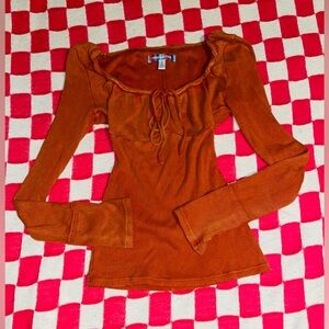 Urban Outfitters Burnt Orange Bow Tie Scoop Neck Long Sleeve Top - Size S